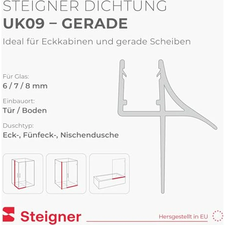 STEIGNER Duschdichtung UK09, 100cm für gerade Duschen, transparent, für 6-8 mm Scheiben, UV- und schimmelresistent – Bild 2
