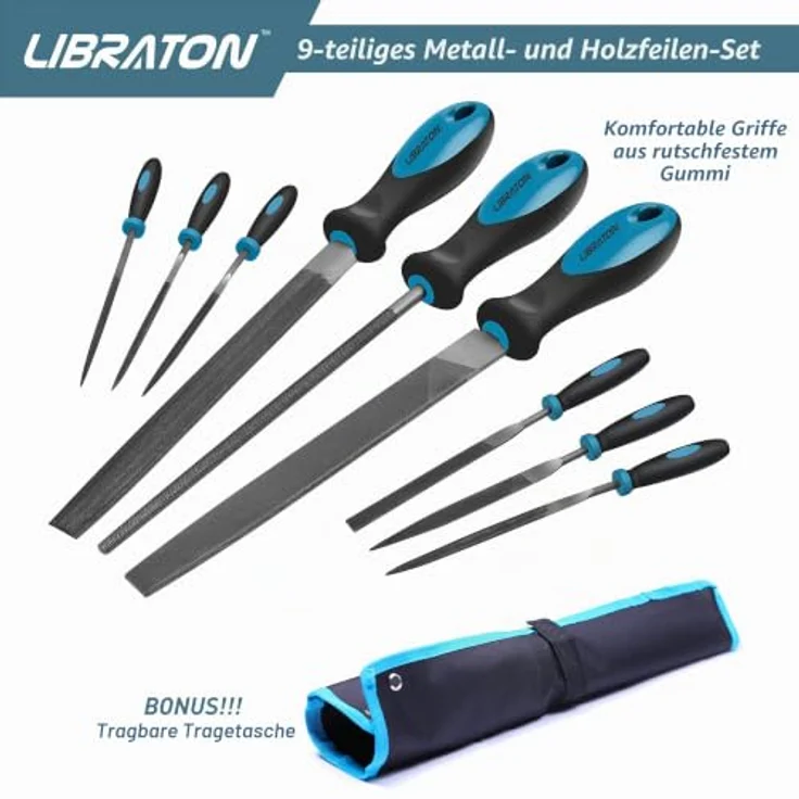 LIBRATON 9 tlg Feilen Set, Metallwerkstattfeilen mit ergonomischen Gummigriffen, inkl. halbrunde, runde und flache Feilen sowie Nadelfeilen in Segeltuchtasche – Bild 3