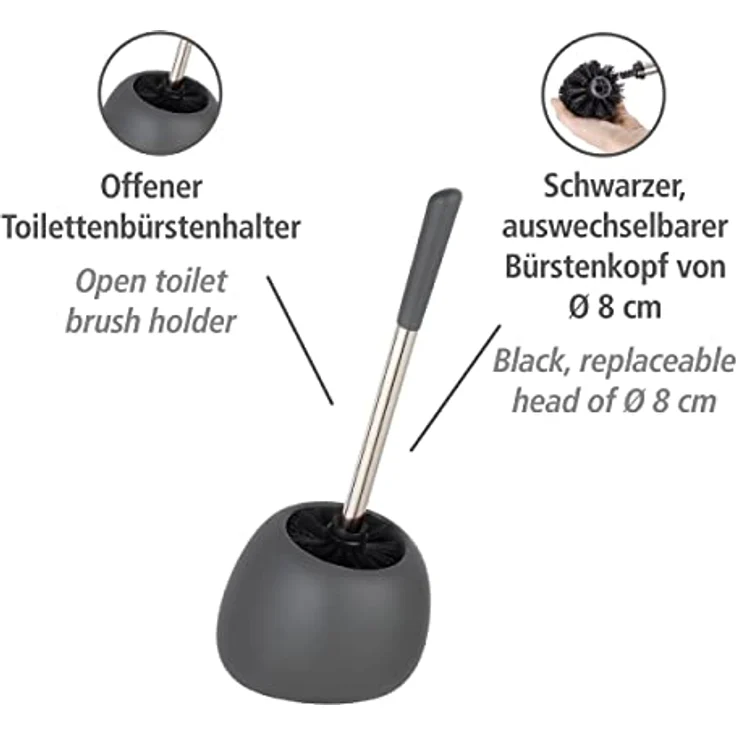 WENKO WC-Garnitur Polaris, hochwertiger Toilettenbürstenhalter aus edler Keramik, für Bad & Gäste-WC, inklusive Toilettenbürste mit auswechselbarem Bürstenkopf Ø 8 cm, 17 x 34,5 x 14,5 cm, Grau matt – Bild 2