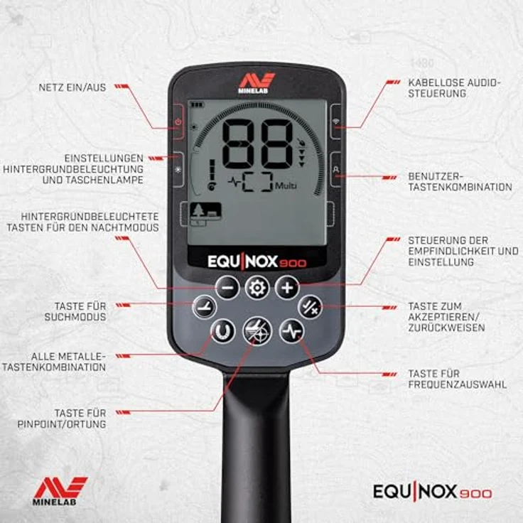 Minelab Equinox 900, Multifrequenz Metalldetektor mit 119-Zielidentifikation, wasserdicht bis 5 m, inkl. Bluetooth-Kopfhörer und 2 Suchspulen – Bild 6