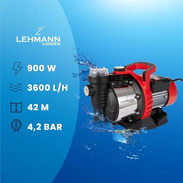 LEHMANN Gartenpumpe, 900 W, 3600 L/H, 4,2 bar, Induktionsmotor, bürstenlos, Thermischer Schutz, IP X4, Wasserfilter, Max. Ansaugtiefe 8 m, Max. Entladehöhe 42 m, Kabellänge 1 m – Bild 3