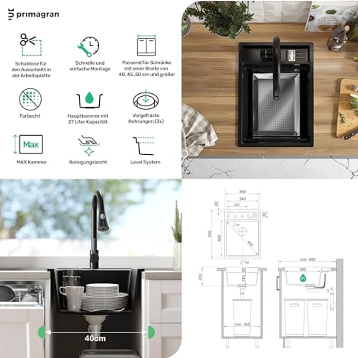 Primagran Spülbecken Oslo Pocket in Grau 38x53cm, Granitspüle mit 1 Becken + Ablauf-Set + Küchenzubehörset, ab 40er Unterschrank geeignet – Bild 5