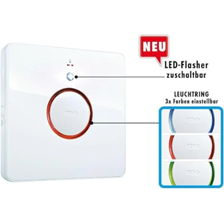 m-e BELL-232.3 Funkklingel Set für 2-Familien-Haus, LED-Leuchtring mit 8 Melodien und stufenloser Lautstärkeregelung, spritzwassergeschützt IP44, mit Namensschild, bis zu 200 m Reichweite – Bild 5