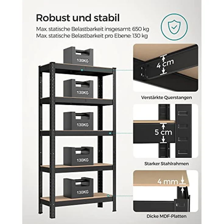 SONGMICS Schwerlastregal, 2er Set, Kellerregal, bis 650 kg belastbar, 5 verstellbare Ablagen - Schwarz – Bild 4