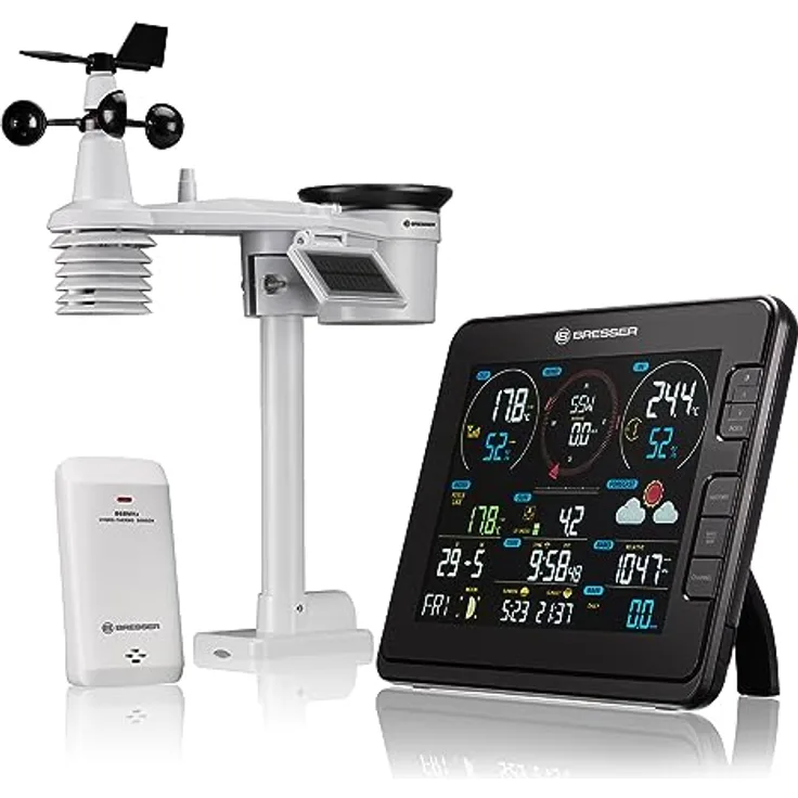 Bresser Wetterstation Funk 7-in-1 mit Außensensor, Profi W-LAN Wetter Center für UV-Pegel, Windgeschwindigkeit, Temperatur, Luftfeuchtigkeit und Niederschlag, 8 Zoll Farb-Display