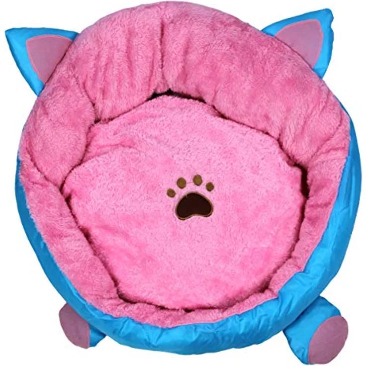 Pettimania Katzenbett mit Ohren, rosa/blau, herausnehmbares und bis 30° C waschbares Kissen, Füllung aus Watte