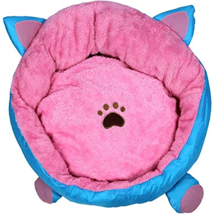 Pettimania Katzenbett mit Ohren, rosa/blau, herausnehmbares und bis 30° C waschbares Kissen, Füllung aus Watte – Bild 1