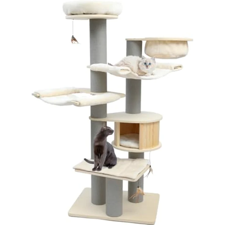 CanadianCat Company Kratzbaum Avery XXL, beige-anthrazit, 186 cm, stabiler Massivholz Katzenbaum mit Katzenhaus, Hängematten und 5 Ruheplätzen für große Katzen, kratzfest und pflegeleicht – Bild 1