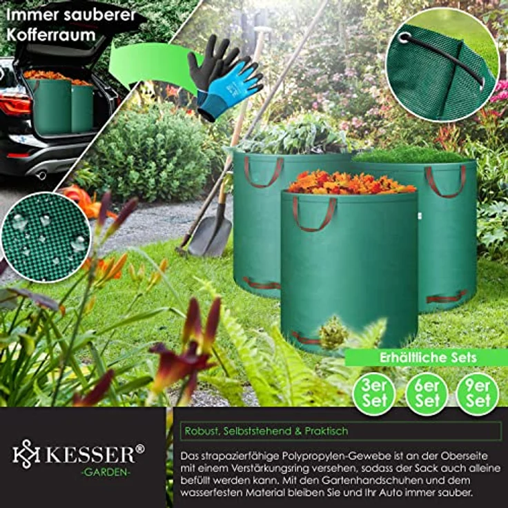 KESSER® Gartensack 3x 272L Set Laubsack Gartenabfallsack inkl. Handschuhe - Selbststehend 4 Griffe Stabil Robust & Faltbar - Rasenschnitt für Gartenabfälle Grünschnitt Grün – Bild 4