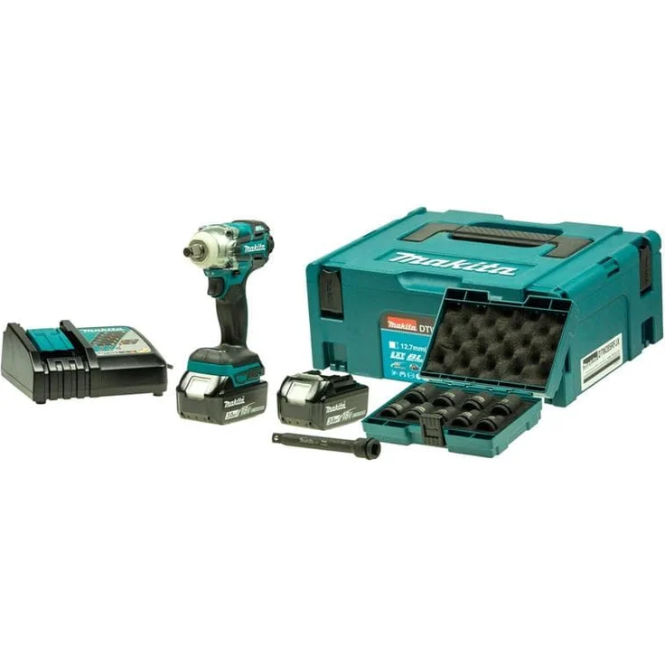 Makita 18V Akku Drehschlagschrauber DTW285RTJX (2 x 5,0 Ah Akku, Schnellladegerät DC18RC, Steckschlüsselsatz 9 tlg., Verlängerung 1/2" 150 mm, im Makpac) – Bild 1