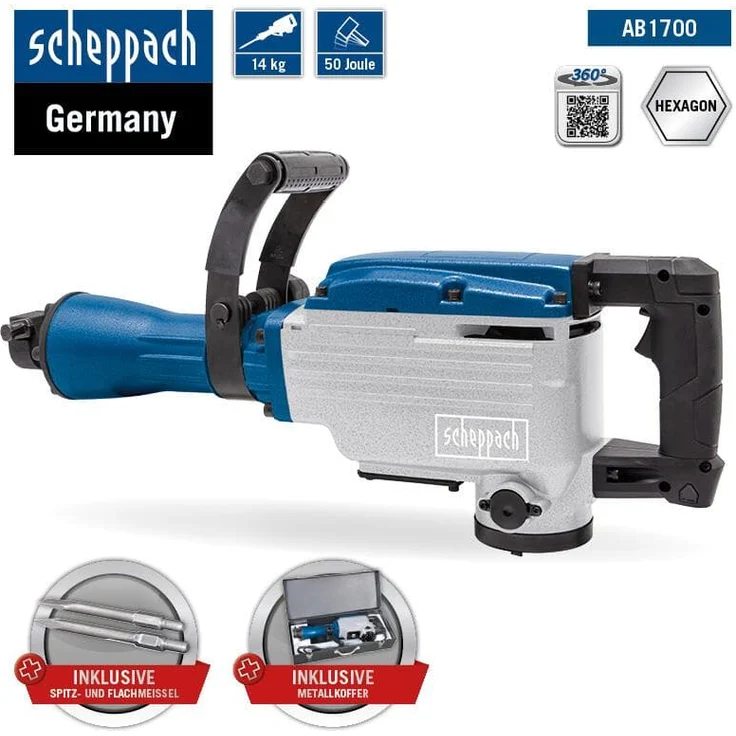 Scheppach AB1700 Abbruchhammer 50J Schlagkraft | 1700W Leistung | 2000 Schläge/min | 390mm Spitz- und Flachmeißel inkl. Metall-Transportkoffer – Bild 3