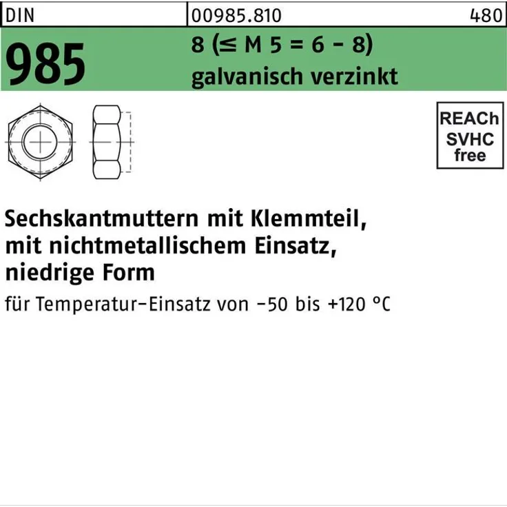 Reyher Sechskantmutter DIN 985 m.Klemmteil M 14 8 (<=M 5 = 6/8 ) galvanisch verzinkt