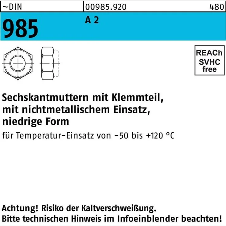 Reyher Sechskantmutter DIN 985 m.Klemmteil M 10 A 2