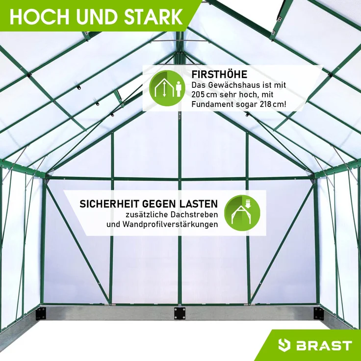 BRAST Gewächshaus Aluminium 310x250x205cm Grün mit Fundament rostfrei TÜV geprüft Alu Treibhaus Glashaus Tomatenhaus – Bild 9