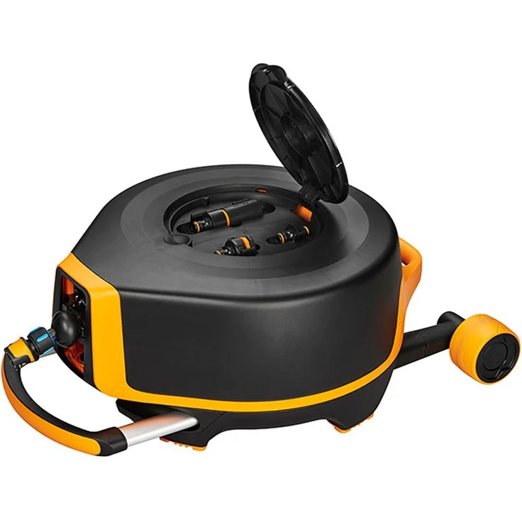 Fiskars Waterwheel XL mit Rädern (1025933) 20 m Schlauch Zubehörfach mit Zubehör freite Platzierung 360° Drehung automatischer Aufrollschlauch Schlauchwagen – Bild 2