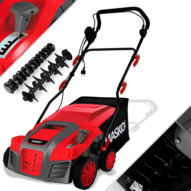 MASKO - Elektro 2in1 Vertikutierer Rasenlüfter 1800 Watt 40cm Arbeitsbreite 55L Fangkorb inkl. Lüfterwalze Lüfter Moosentferner, 5-stufige Arbeitstiefe einstellbar , höhenverstellbarer Holm Rot – Bild 1