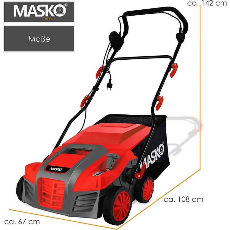 MASKO - Elektro 2in1 Vertikutierer Rasenlüfter 1800 Watt 40cm Arbeitsbreite 55L Fangkorb inkl. Lüfterwalze Lüfter Moosentferner, 5-stufige Arbeitstiefe einstellbar , höhenverstellbarer Holm Rot – Bild 2