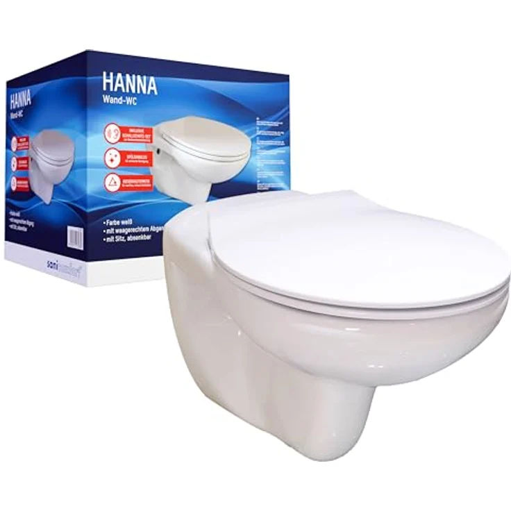 sanicomfort Wand-WC Set Hanna, spülrandloses WC mit Absenkautomatik und Schallschutz, hängend mit waagerechtem Abgang, hygienisch und leise, weiß – Bild 1