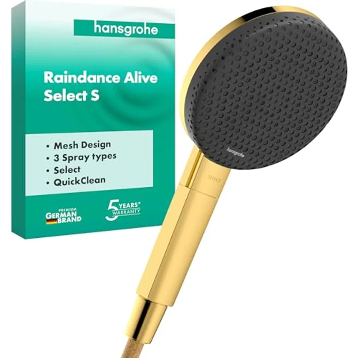 hansgrohe Raindance Alive Select S, Duschbrause mit 3 Strahlarten, Anti-Kalk und AirPower-Technologie, polished gold und Graphit – Bild 1