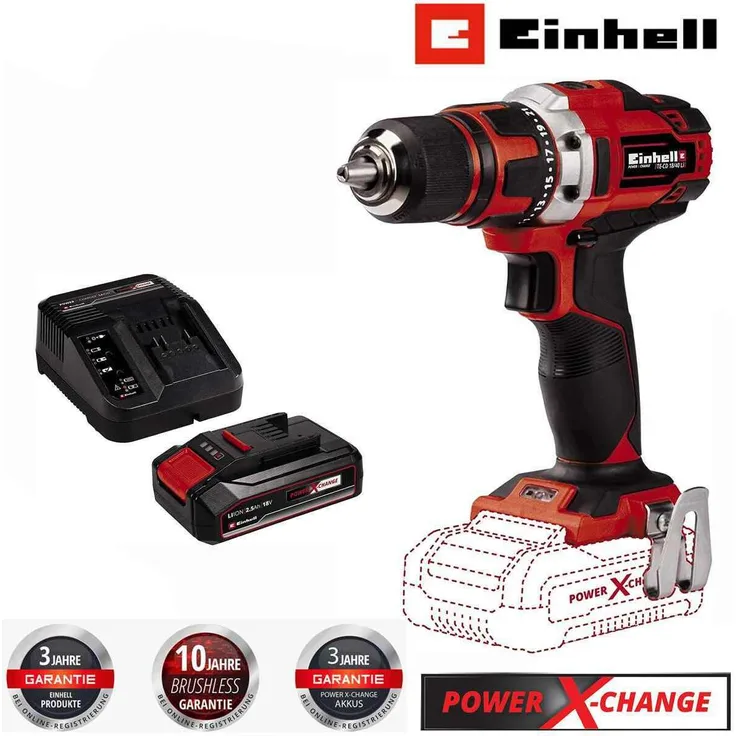 Einhell Bohrschrauber TE-CD 18/40 Li- 18 V, 40 Nm mit Akku 2.5 Ah + Ladegerät, kraftvoller Allrounder mit LED-Licht, blau