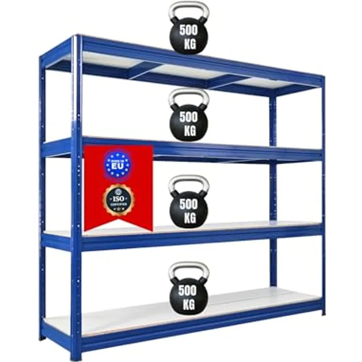 Proregal Schwerlastregal DINO, 180 x 200 x 60 cm, Traglast 500 kg pro Boden, 4 Fachböden, Steckmontage, Blau