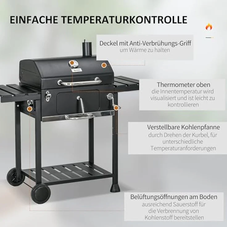 Outsunny Holzkohlegrill, Campinggrill mit zwei Grillrost, klappbar Seitenablage, Grillwagen mit Regal, Griff für BBQ, Edelstahl, Schwarz, 120 x 64 x 114 cm – Bild 4