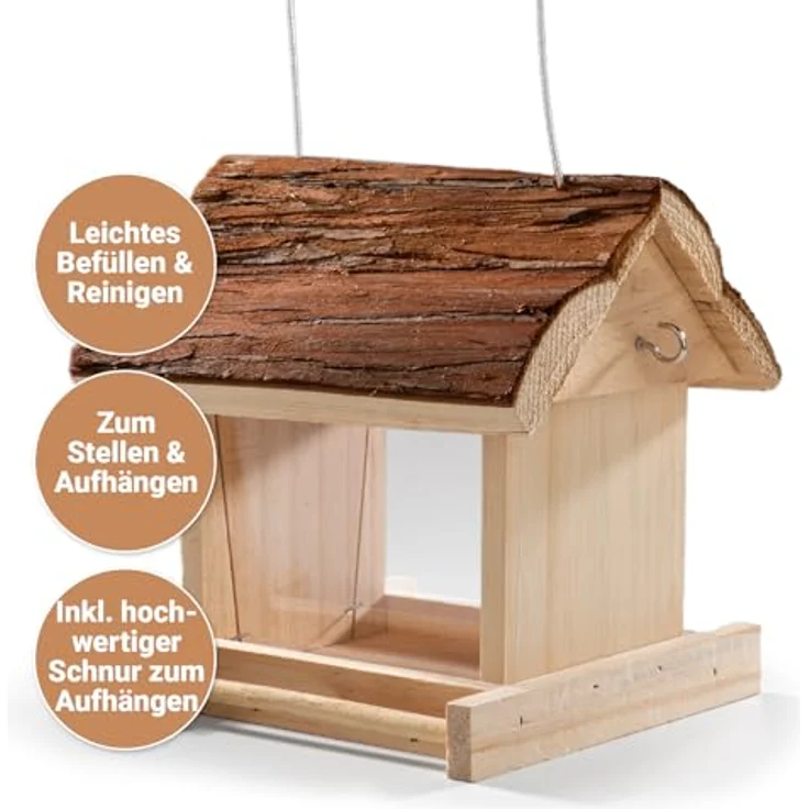 CULT at home Vogel Futterhaus Holz, hängend für Wildvögel mit abnehmbarem Dach und Kunststoffscheiben, 19 x 17 x 19 cm – Bild 4