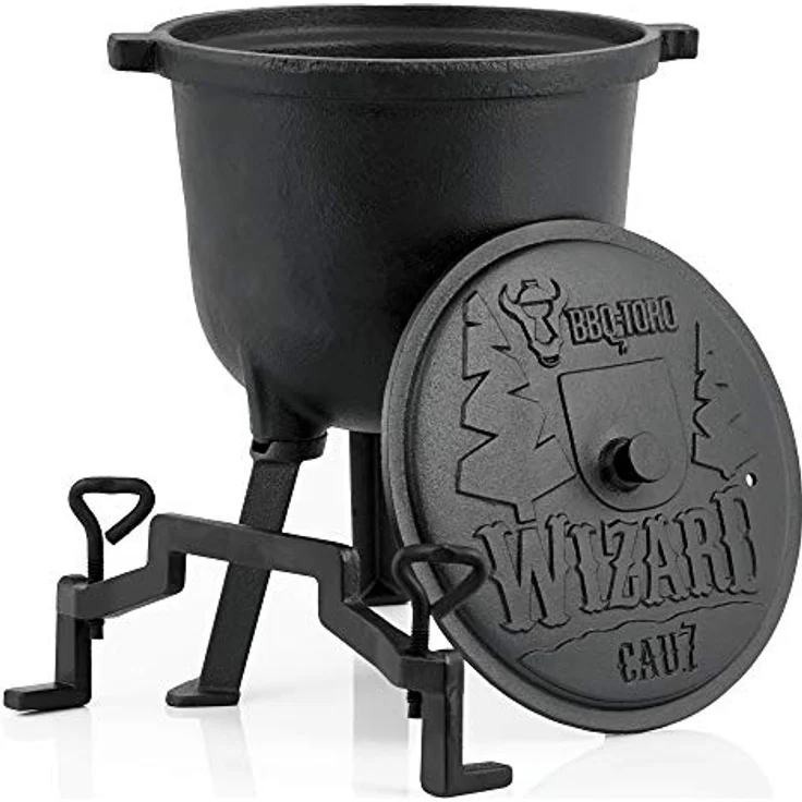 BBQ-Toro Zauberkessel "Wizard" | Kochtopf aus Gusseisen | Gusstopf mit drei Beinen, Deckel, Bügel und Feststellschrauben | Hexenkessel (7 Liter) – Bild 1