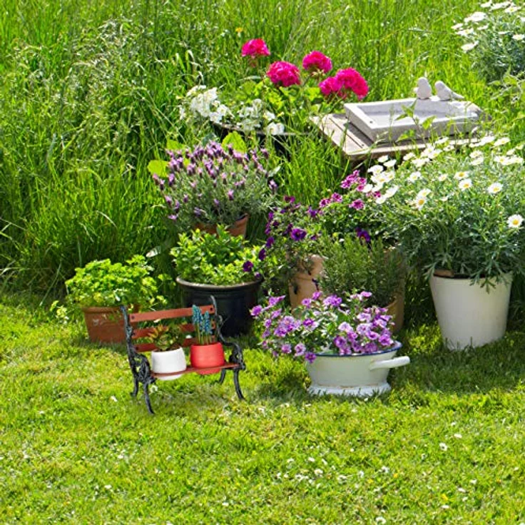 Relaxdays Mini Blumenbank, Gusseisen & Holz, Blumenständer für 2 Blumentöpfe, Ø 7,5 cm, Garten Deko, braun/grau-grün – Bild 2