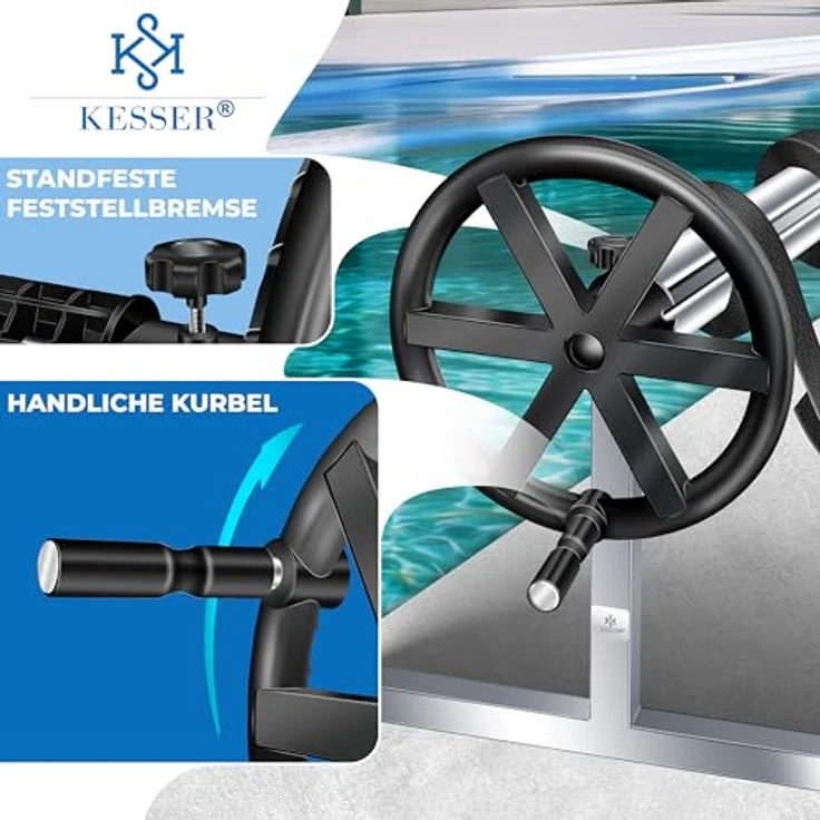 KESSER Pool Aufroller Premium Aufrollsystem 3m - 5,70m Mit Rädern für Solarplane mobiles Aufrollvorrichtung für Poolplane & Abdeckung inkl. Bänder witterungsbeständiges Material Silber - Schwarz – Bild 2
