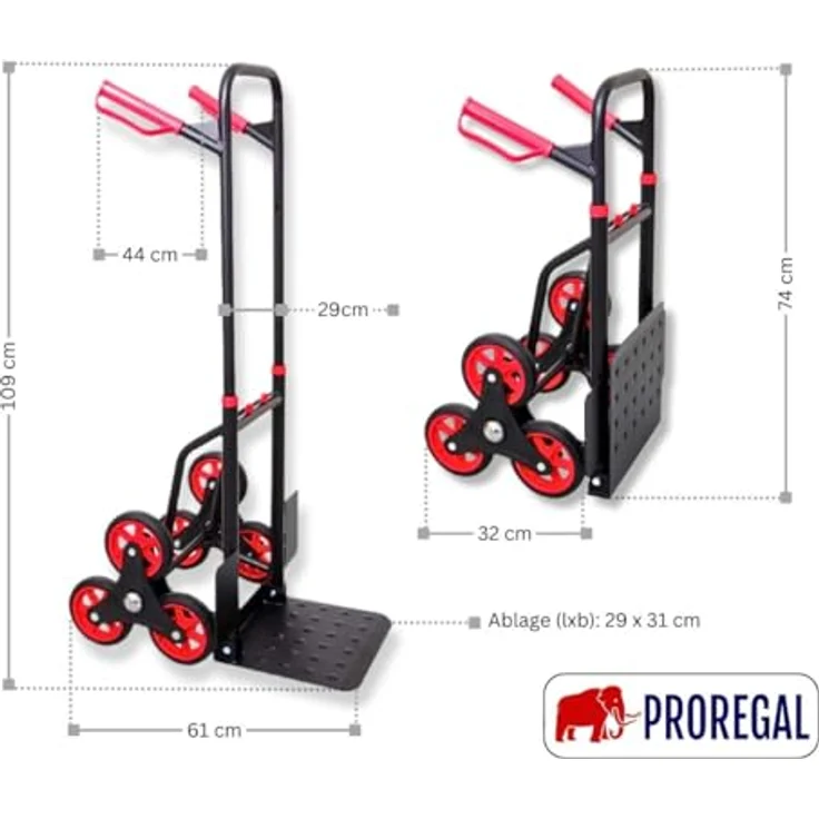 PROREGAL® Treppensackkarre TAURUS Traglast 150kg Stahlrahmen ergonomische Griffe Gummiräder, robuste Konstruktion und moderne rote Akzente – Bild 3