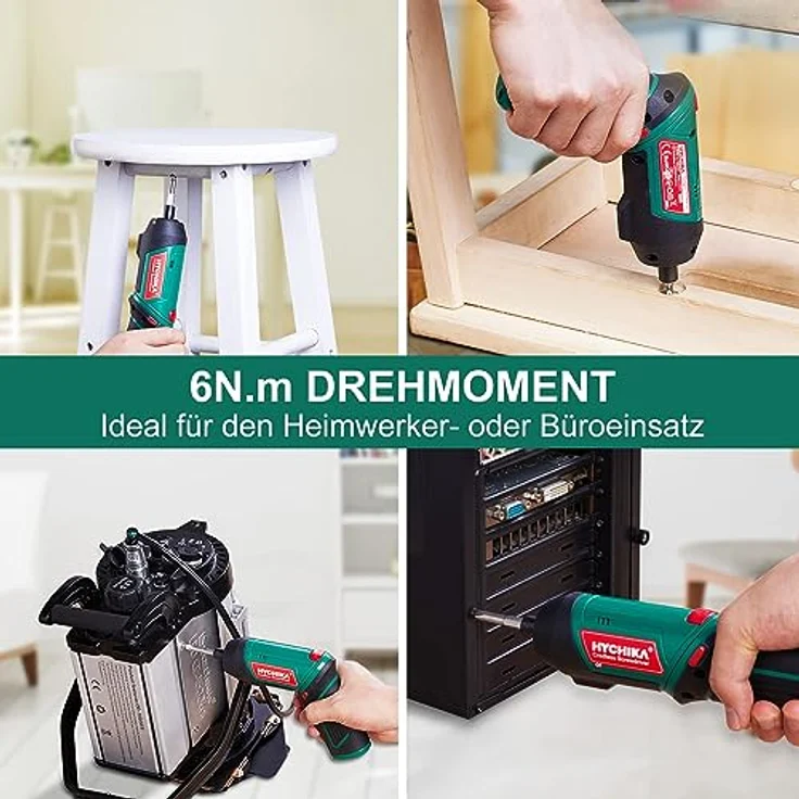 HYCHIKA Akkuschrauber, Cordless Screwdriver 3,6V mit 6Nm Drehmoment, 2000mAh Akku, 20 Zubehörteilen, LED Licht und Magnetfutter – Bild 7