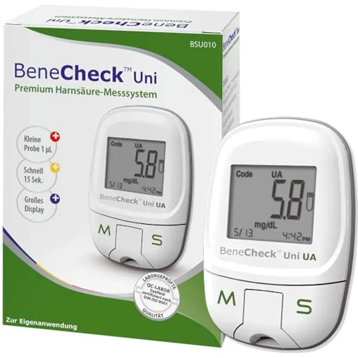 BeneCheck UA Harnsäure-Messgerät Starter-Set mit Teststreifen + Stechhilfe