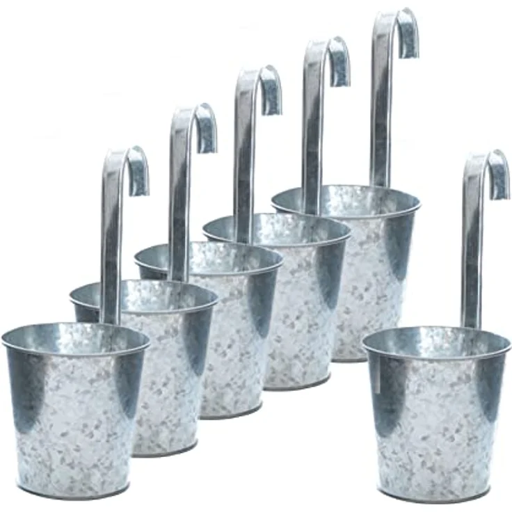 Spetebo 6er Set Balkon Hängetopf Silber mit Haken zum Aufhängen - Zink Garten Blumentopf für Geländer und Zaun - Pflanzen Hängetöpfe Kräuter Topf Blumen Vase Übertopf mit Aufhängung – Bild 1
