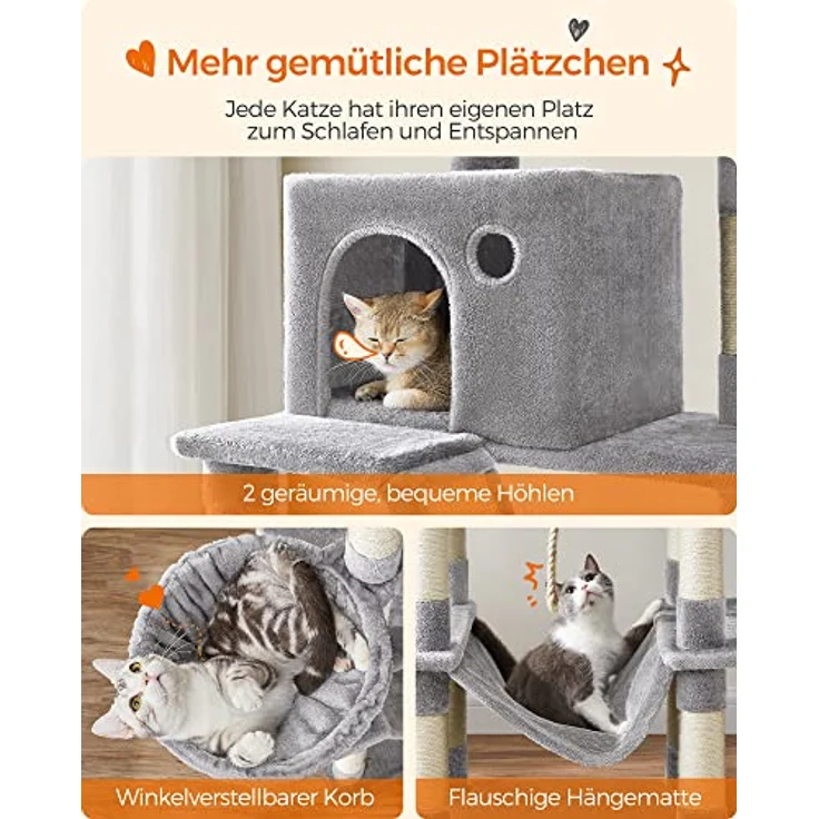 Feandrea Kratzbaum groß, 206 cm hoch, XXL Katzenbaum, mit 13 Kratzsäulen, 2 Plattformen, 2 Höhlen, Korb, Hängematte, Plüschbälle, mehrstöckiger Katzenkratzbaum, hellgrau PCT190W01 – Bild 4