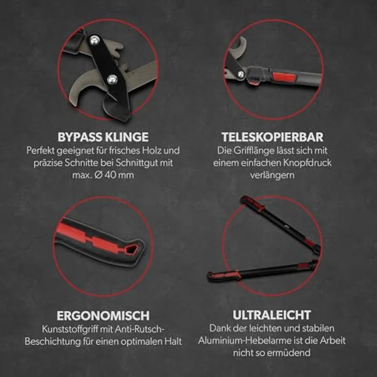 siwitec Teleskop Bypass Getriebeastschere SG-21, Astschere für frisches Holz bis Ø 40mm, Kohlenstoffstahl Klinge, Länge 66-92 cm, Schwarz-Rot – Bild 5