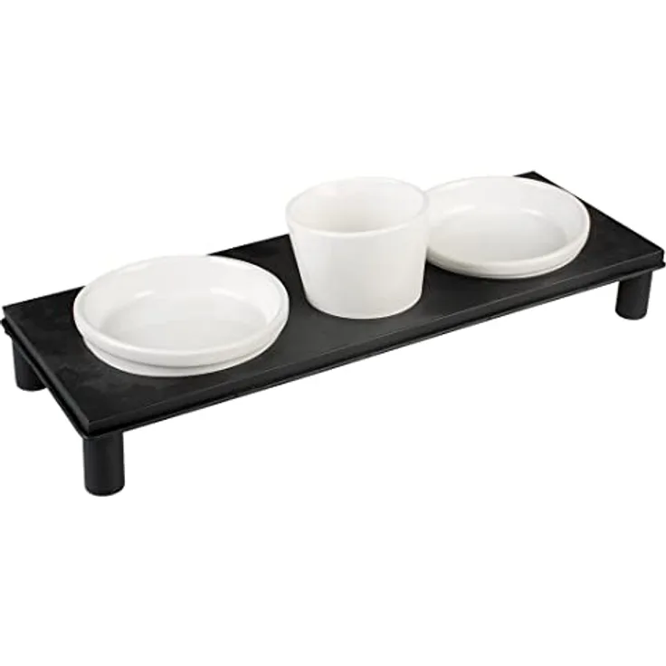 duvoplus, Dinner Set Stone Up Rechteckig, 200 ml – 41 x 14,5 cm weiß/schwarz, Ständer aus Stahl, glasierte Keramik, für Nassfutter, Trockenfutter und Wasser, spülmaschinenfest