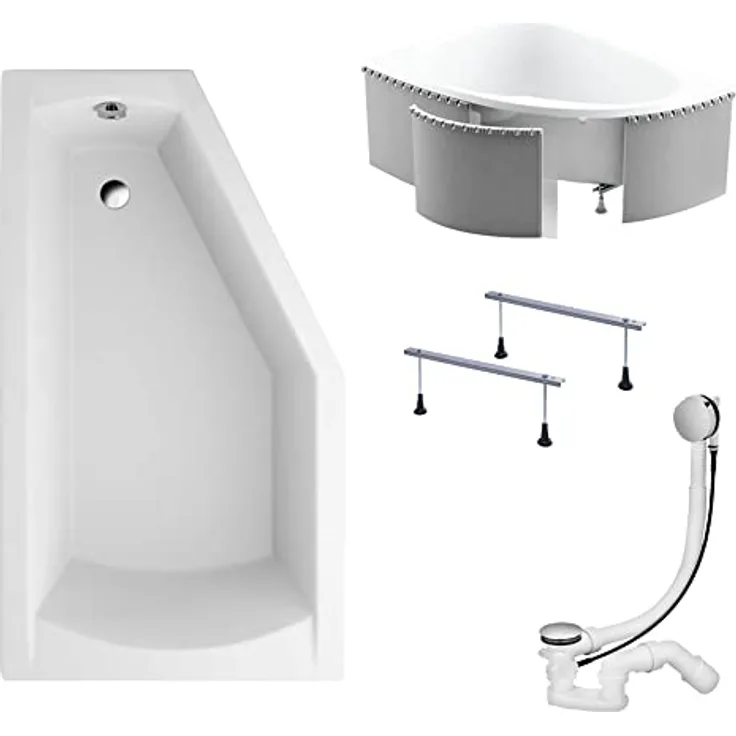 KOLMAN SELENA Eckbadewanne 160x90 cm Links, Premium Original Acryl, Styroporverkleidung, Ablaufgarnitur und Füße, reinweiß, 4in1 Komplettset