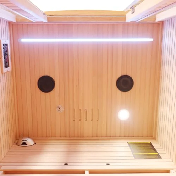 TroniTechnik Infrarotkabine MANILA 120 Wärmekabine, bis zu 2 Personen, 5 Vollspektrumstrahler, mit Farblichttherapie, Ionisator mit Ozondesinfektion und Aromatherapie, Multimedia, USB-Anschluss & Bluetooth, Hemlock-Holz – Bild 4
