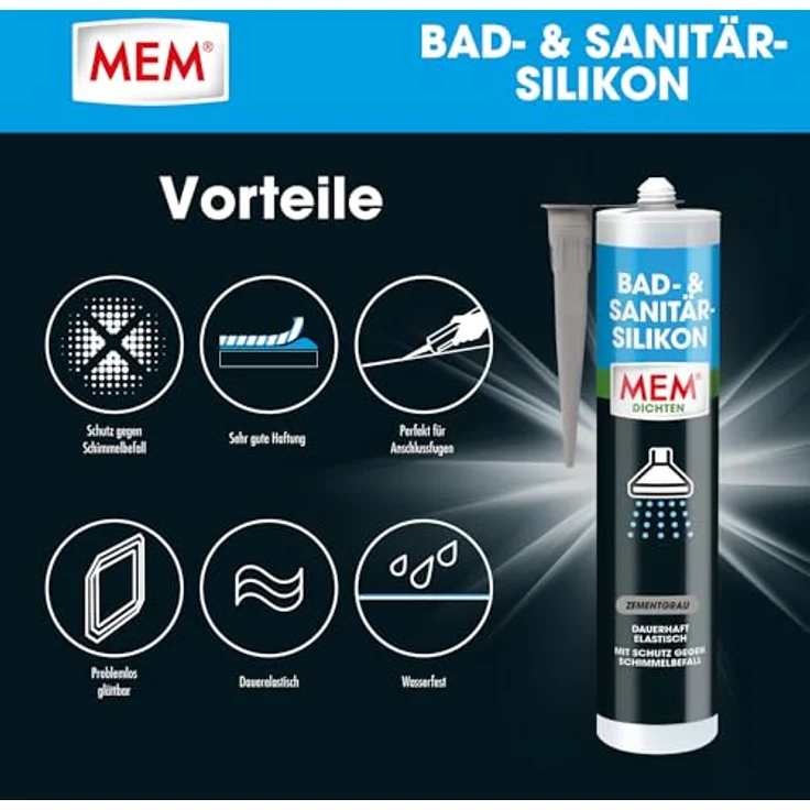 MEM Bad- & Sanitär-Silikon, Dauerhaft elastischer Silikon-Dichtstoff mit Schutz gegen Schimmelbefall, Im Innen- und Außenbereich, Gebrauchsfertig, Lösemittelfrei, 300 ml Kartusche, Zementgrau – Bild 4