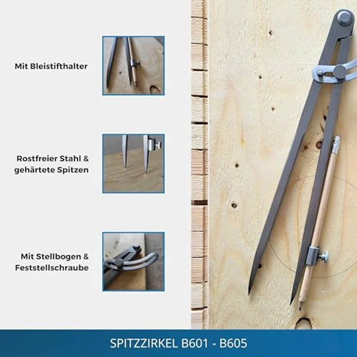 HEDUE B605 Spitzzirkel 500 mm mit Bleistifthalter und Stellbogen, geschmiedeter Stahl – Bild 4