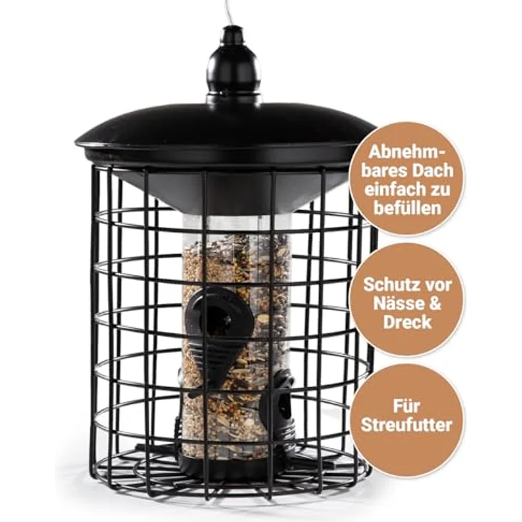 CULT at Home Vogel Futterhaus, Futtersäule mit Schutzkäfig, taubensicher für kleine Wildvögel, Metall Schwarz, Höhe 29 cm – Bild 4