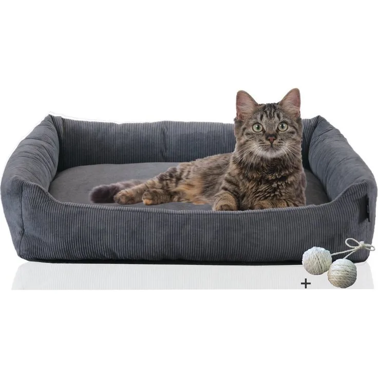 Rohrschneider Katzenbett Cordstoff mit Spielkugelset, langlebiger Cordstoff in 100% Polyester, Antirutschstoff, T49xB70xH15cm, blau
