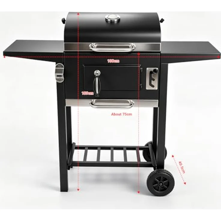 LQWELL Grillwagen, Holzkohlegrill BBQ Smoker Trolley mit Deckel, Edelstahlgriff, Thermometer und Rädern, Maße L109 x W54 x H94.5 cm, Schwarz – Bild 2