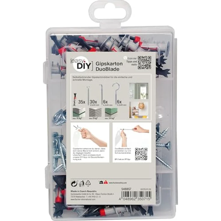 fischer easyDIY Box Gipskarton DuoBlade, 77-teiliges Dübel- und Schraubenset mit selbstbohrenden Gipskartondübel, Winkel- und Rundhaken für einfache Montage – Bild 3