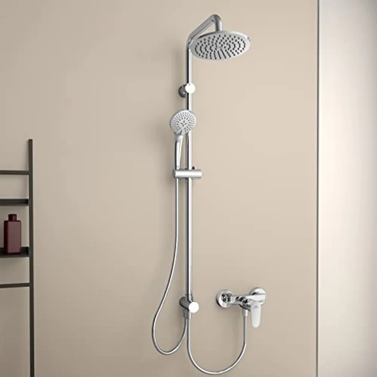 Ideal Standard A5691AA Idealrain Duschsystem, Aufputz-Armatur mit 3-Funktions-Handbrause Ø 10 cm und Regenbrause Ø 20 cm, Chrom, Brauseschlauch 175 cm, Wasserersparnis-Funktion – Bild 3