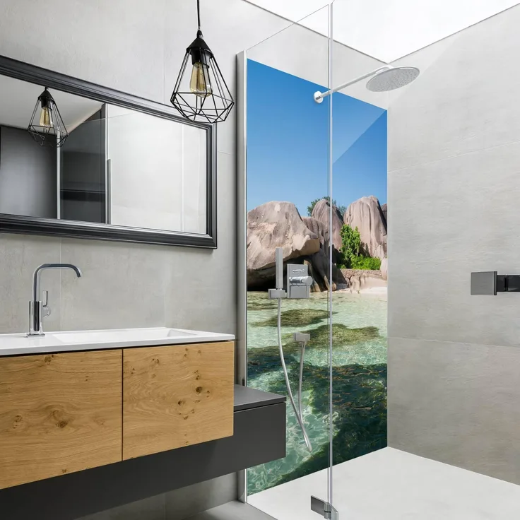 Apalis Home Duschrückwand Strand selbstklebend, 0.35 mm wasserfestes Wandpaneel in Karibik türkis, fugenlos 80x190 cm