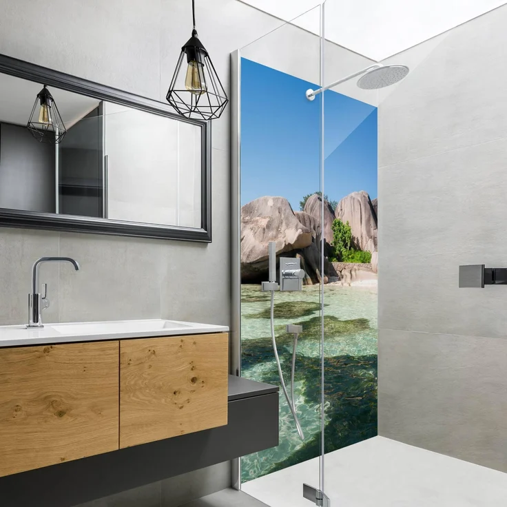 Apalis Home Duschrückwand Strand selbstklebend, 0.35 mm wasserfestes Wandpaneel in Karibik türkis, fugenlos 80x190 cm