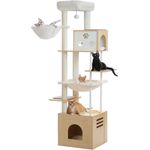 PurpurRain Kratzbaum Echtholz-Platten, Höhlen und Hängematten und Napf, 190 cm, Modernes Design, 7-stufig, für große Katzen, Purpur