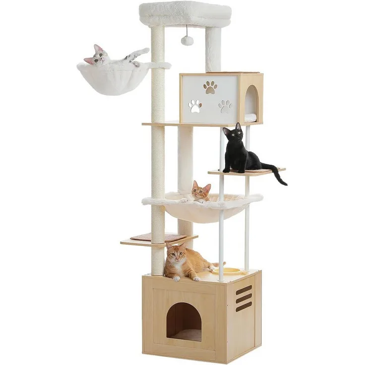 PurpurRain Kratzbaum Echtholz-Platten, Höhlen und Hängematten und Napf, 190 cm, Modernes Design, 7-stufig, für große Katzen, Purpur